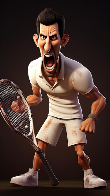 Foto um desenho animado de um homem com uma raquete de tênis na mão.