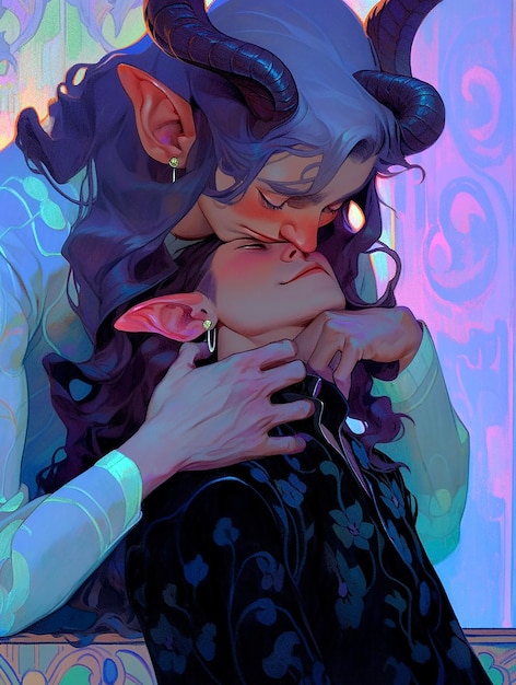 Um desenho animado de um homem e uma mulher com chifres se beijando.