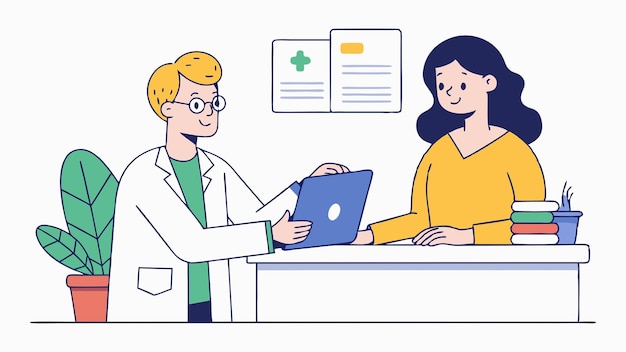 um desenho animado de um homem e uma mulher com um laptop e um homem em uma bata de laboratório olhando para um computador