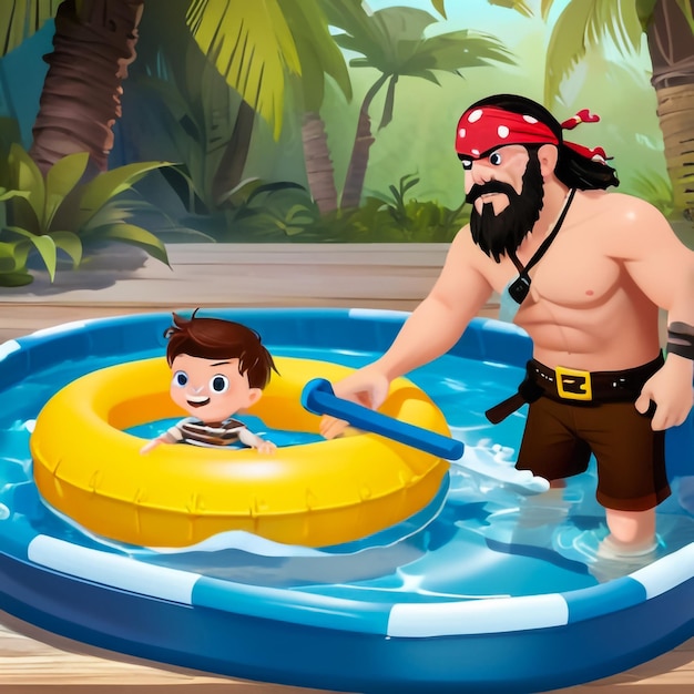 um desenho animado de um homem em uma piscina com um menino de fato de banho