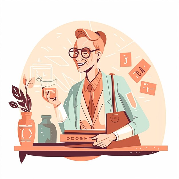 Um desenho animado de um homem segurando um copo de líquido e uma garrafa de química de laboratório.
