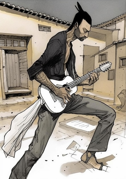 Um desenho animado de um homem tocando violão em frente a um prédio.