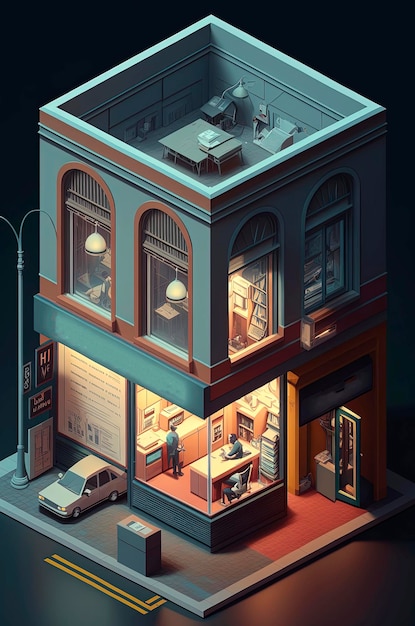 Um desenho animado de um homem trabalhando em uma livraria.