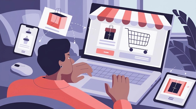 um desenho animado de um homem usando um computador com um carrinho de compras no fundo