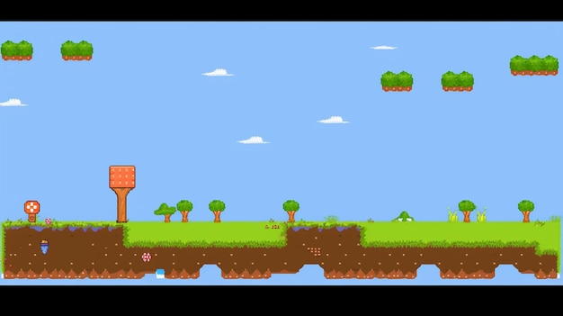 um desenho animado de um jogo com um telhado verde e um céu azul com nuvens