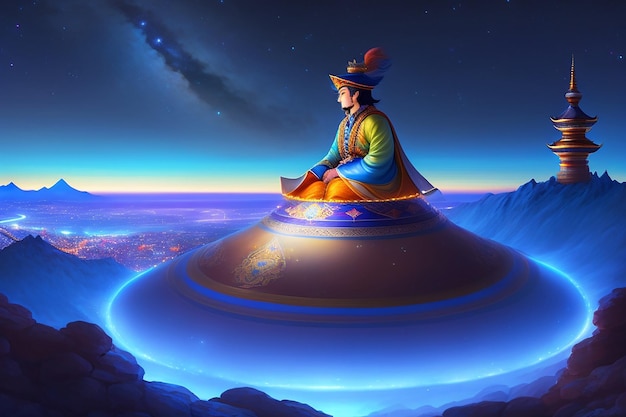 Um desenho animado de um jovem com um chapéu azul sentado em um objeto voador