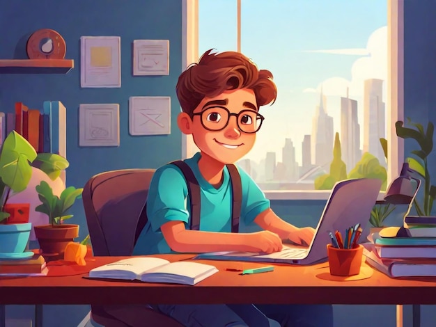 um desenho animado de um menino com óculos e um laptop