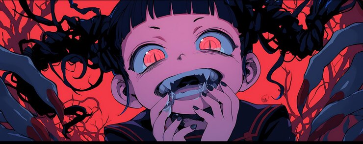 Foto um desenho animado de um menino com olhos grandes e um fundo vermelho