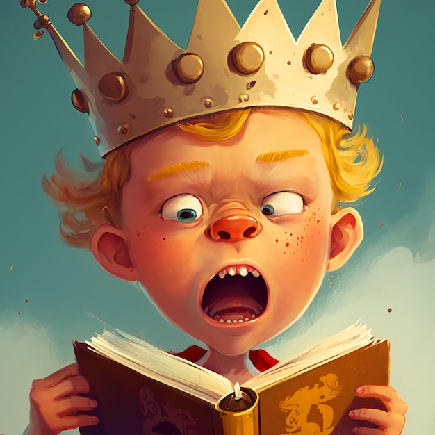 Um desenho animado de um menino com uma coroa na cabeça lendo um livro.