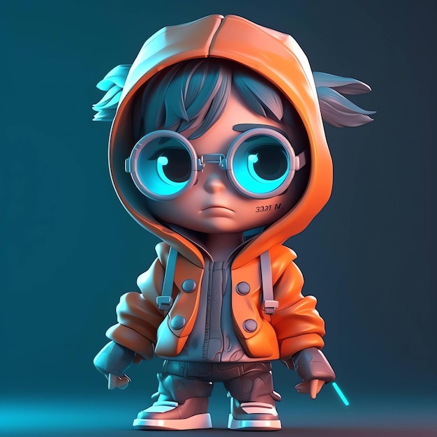 Um desenho animado de um menino de óculos e uma jaqueta laranja com a palavra " nele".
