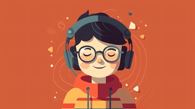 Um desenho animado de um menino usando fones de ouvido com um fundo vermelho que diz "música é o melhor"