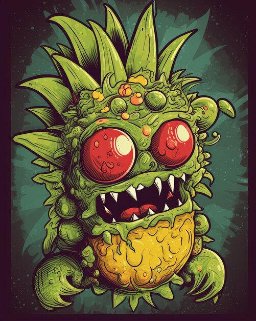 Um desenho animado de um monstro verde com olhos vermelhos e uma cabeça verde com olhos vermelhos.