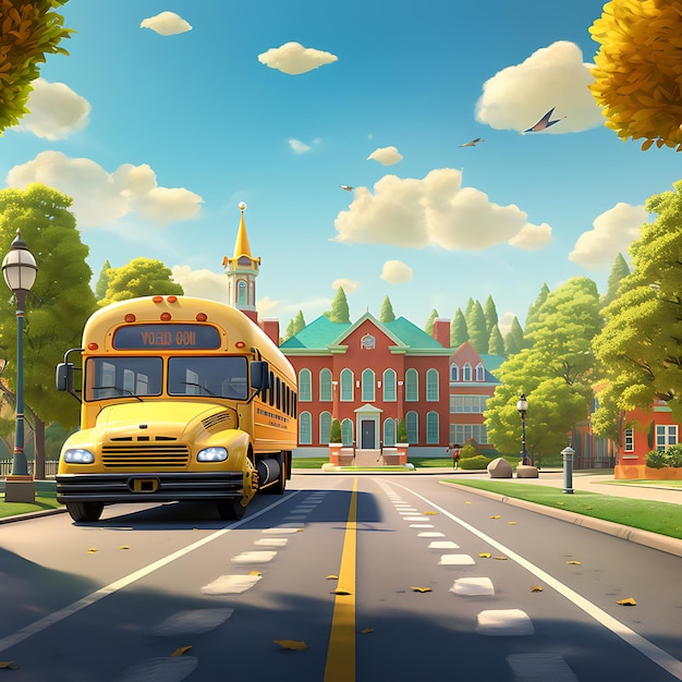 Um desenho animado de um ônibus escolar passando por uma rua.