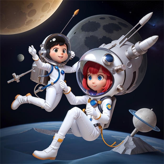 um desenho animado de um ônibus espacial e uma garota com um traje espacial.