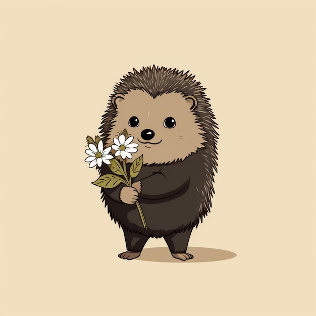 Foto um desenho animado de um ouriço com flores nas mãos.