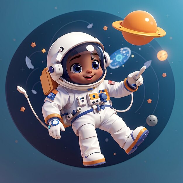 um desenho animado de um pequeno astronauta com uma flecha apontando para um planeta