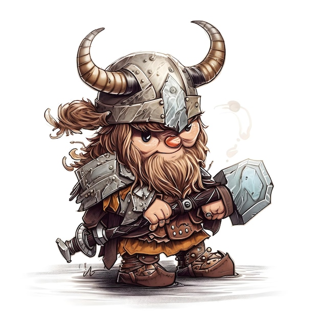 Um desenho animado de um pequeno viking com um martelo na cabeça