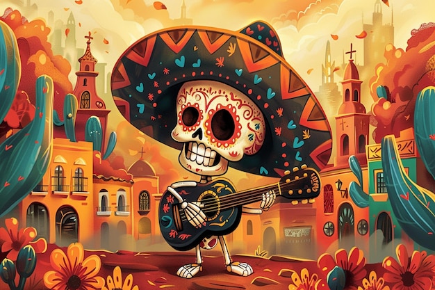 um desenho animado de um personagem mexicano mexicano tocando guitarra