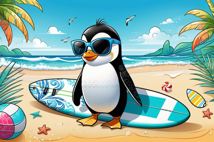 Foto um desenho animado de um pinguim em uma prancha de surf com as palavras pinguim nele
