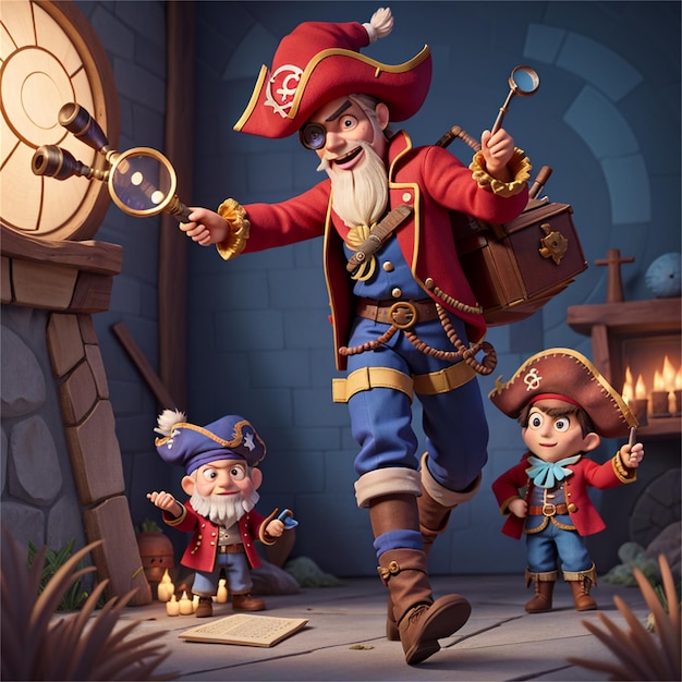 um desenho animado de um pirata com uma arma e dois meninos.