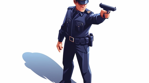 Um desenho animado de um polícia com uma arma apontada para o lado.