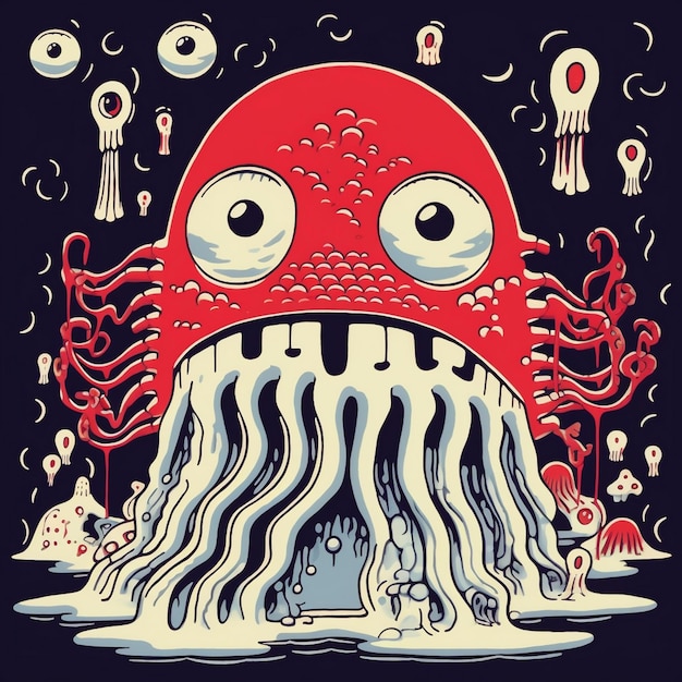 Um desenho animado de um polvo vermelho com olhos e tentáculos.