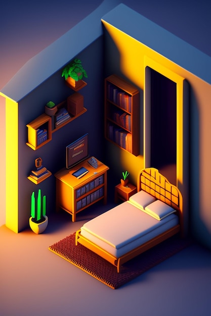 Um desenho animado de um quarto com uma cama, livros e uma estante.