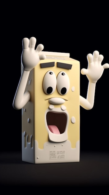 Foto um desenho animado de um queijo que tem um rosto e uma mão nele.