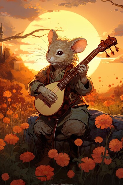 Foto um desenho animado de um rato tocando banjo