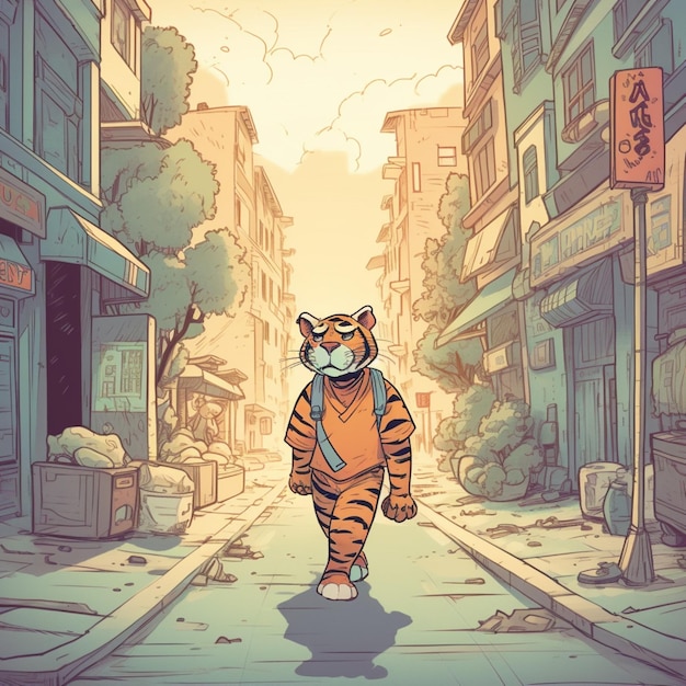 Um desenho animado de um tigre andando por uma rua