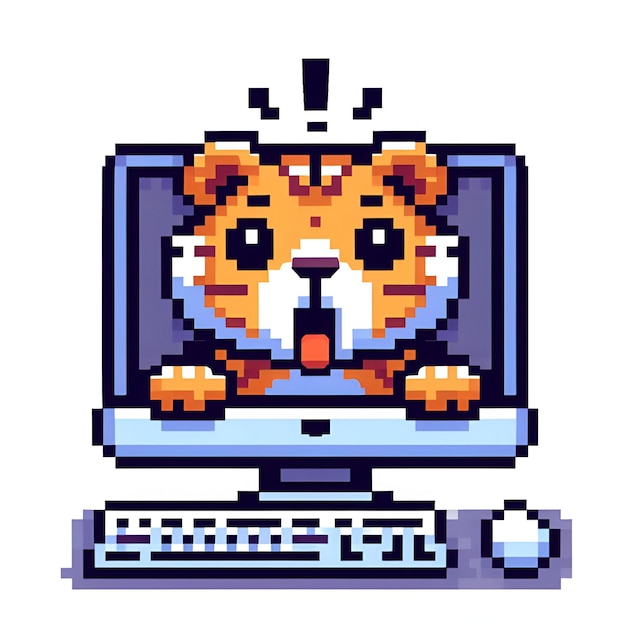 Foto um desenho animado de um tigre em um monitor de computador com um ponto de exclamação