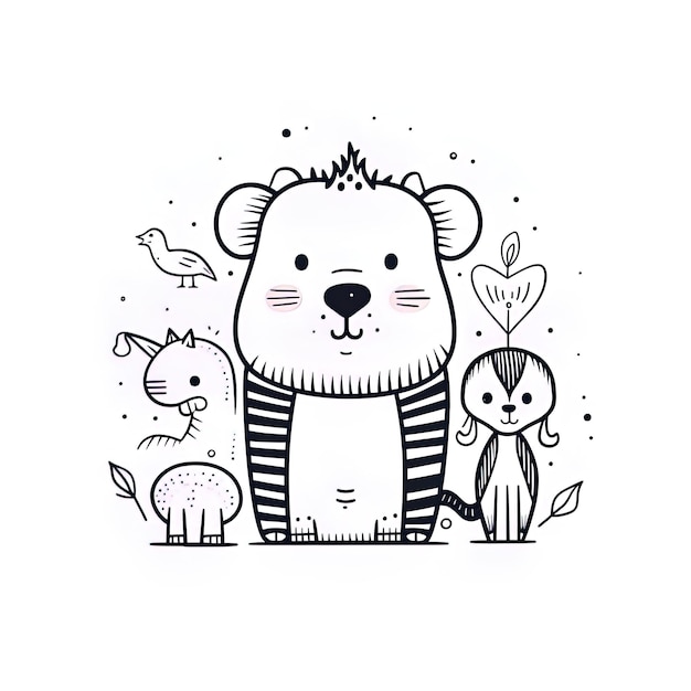 um desenho animado de um urso e dois outros animais com um coração na parte de trás