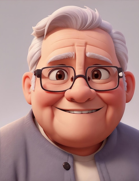 Um desenho animado de um velho com óculos sorrindo