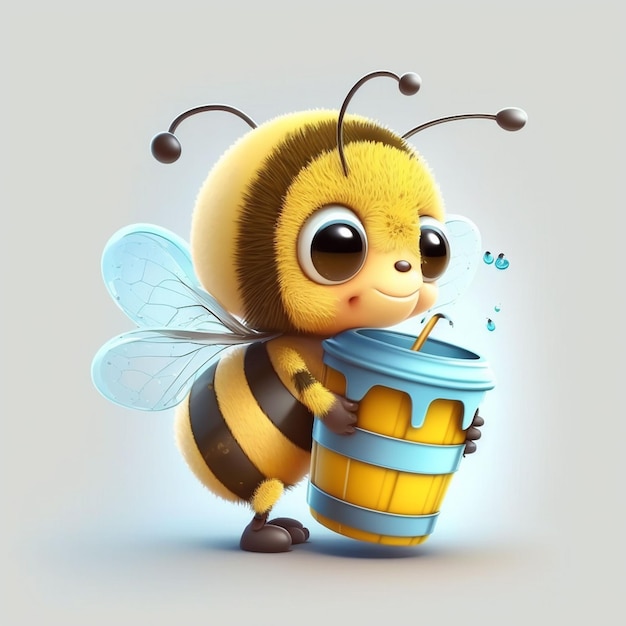 Um desenho animado de uma abelha segurando uma xícara de café.