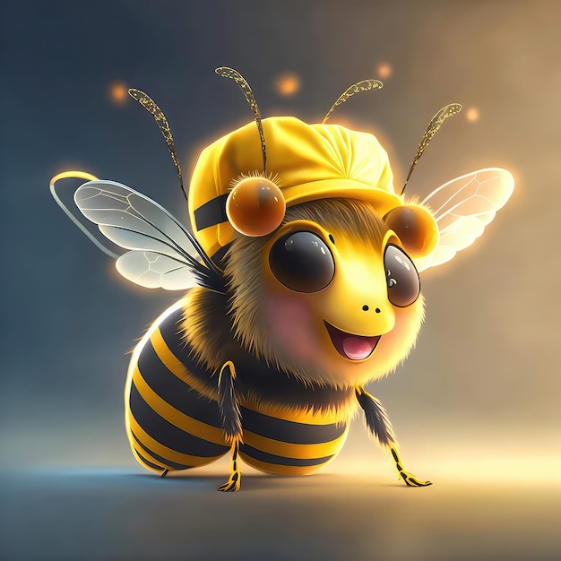 Um desenho animado de uma abelha usando um chapéu amarelo e um chapéu amarelo.