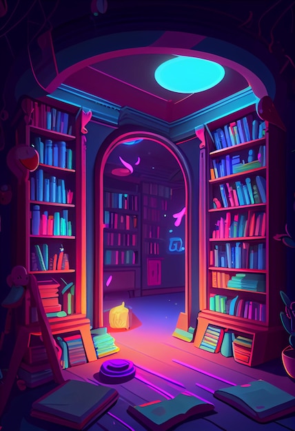 Um desenho animado de uma biblioteca com uma luz brilhante que está acesa.