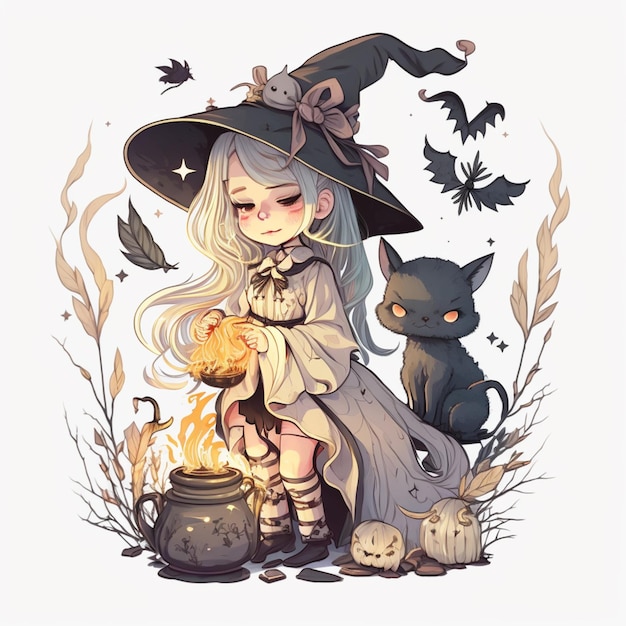Um desenho animado de uma bruxa com um caldeirão e um gato preto.