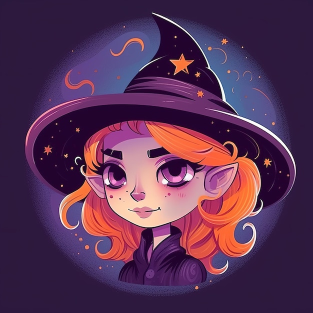 Um desenho animado de uma bruxa usando um chapéu que diz "Halloween".