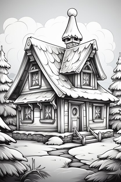 um desenho animado de uma casa na floresta com um telhado coberto de neve gerativo de IA