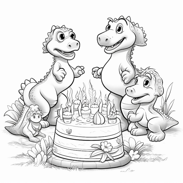 Um desenho animado de uma família de dinossauros comemorando um aniversário.