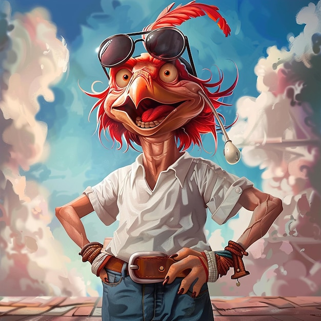 Foto um desenho animado de uma galinha com um chapéu de cabelo vermelho e óculos de sol
