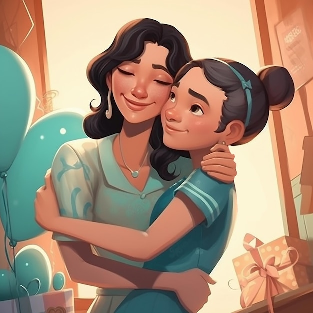 Um desenho animado de uma garota abraçando uma garota com um colar azul.