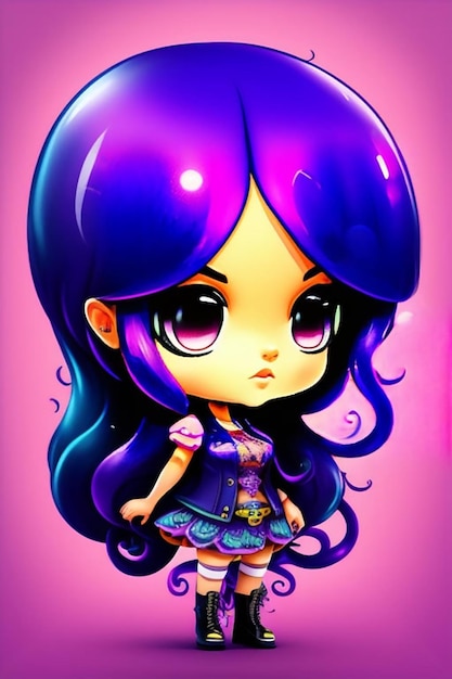 Um desenho animado de uma garota com cabelo roxo e cabelo roxo.