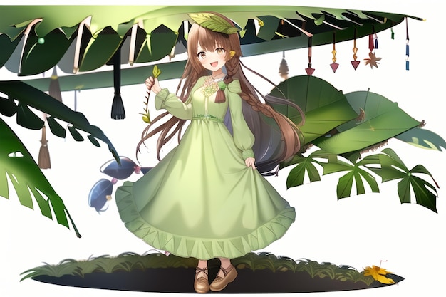 Um desenho animado de uma garota com um vestido verde e uma planta com um monte de folhas.