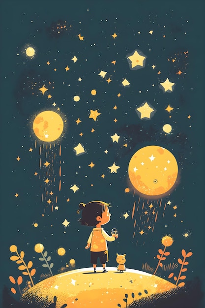 Foto um desenho animado de uma garota olhando para as estrelas e a lua