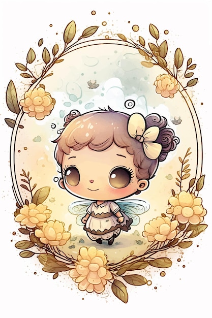 Um desenho animado de uma garotinha com uma moldura de flor e uma abelha na cabeça.