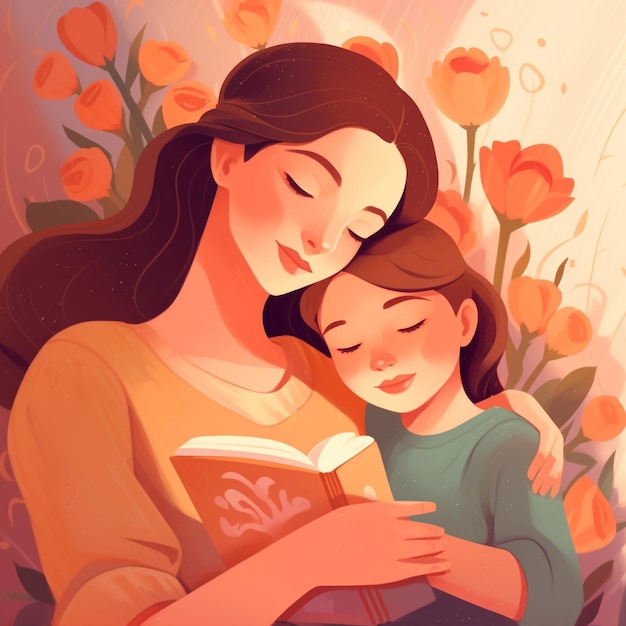 Um desenho animado de uma mãe e filha lendo um livro.