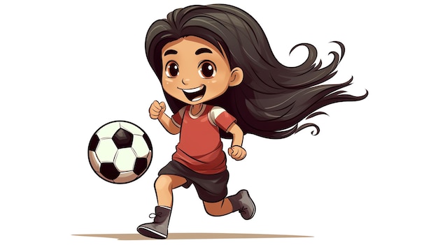 um desenho animado de uma menina correndo com uma bola de futebol