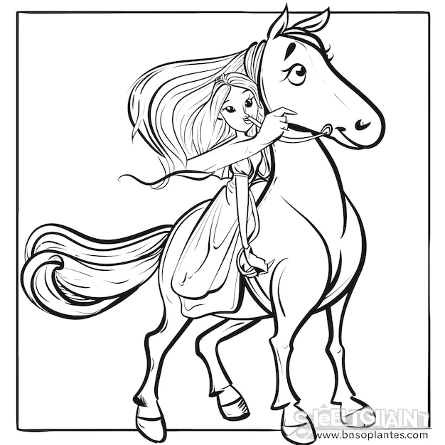 um desenho animado de uma menina e um cavalo com uma menina na parte de trás