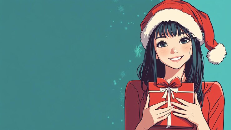 Foto um desenho animado de uma menina segurando um presente com um laço